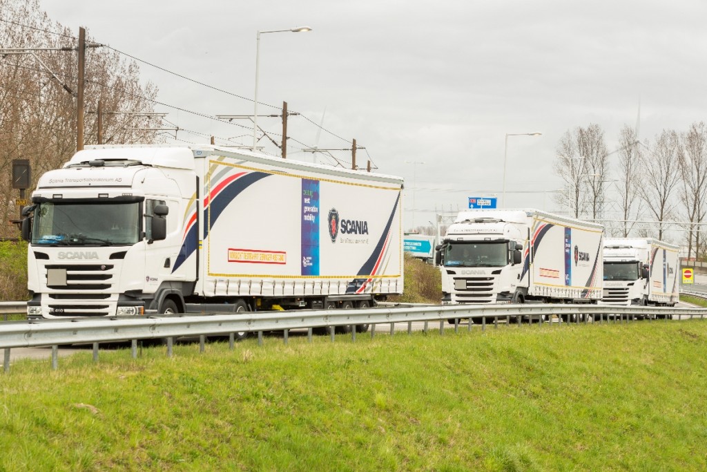 Maasvlakte, 06 april 2016. Aankomst van zes truck platoons die meegedaan hebben aan de Eu Truck Platooning Challenge. Deze aankomst zal bijgewoond worden door de Minister van Infrastructuur en Milieu, Melanie Schultz van Haegen