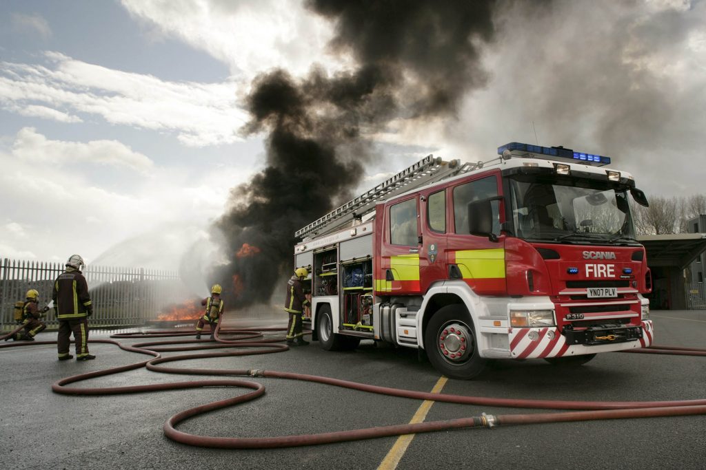 Scania P 310 4x2 fire engine with Scania long CrewCab. Water/rescue tenders. England. Photo: Bryan Winstanley 2008