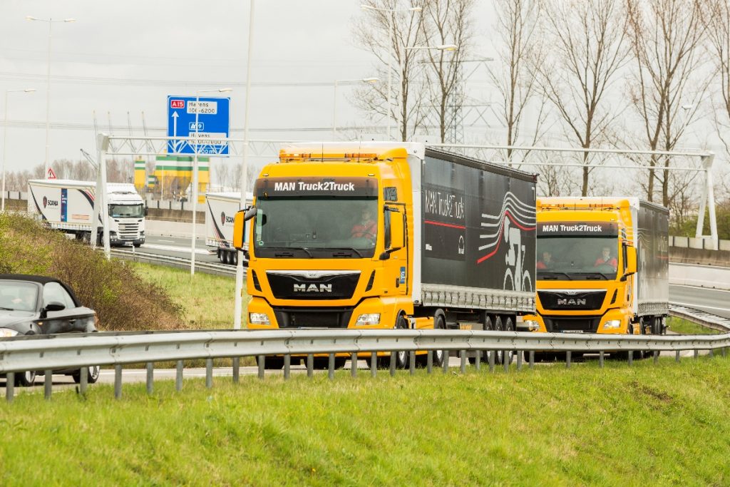 Maasvlakte, 06 april 2016. Aankomst van zes truck platoons die meegedaan hebben aan de Eu Truck Platooning Challenge. Deze aankomst zal bijgewoond worden door de Minister van Infrastructuur en Milieu, Melanie Schultz van Haegen