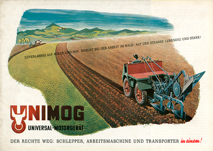 Werbeanzeige zur Vorstellung des "Unimog: Universal-Motor-Gerät", anläßlich der ersten Landwirtschaftsaustellung nach Kriegsende in Frankfurt/M. vom 29.08. - 05.09.1948.